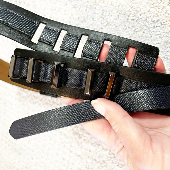 BCBG Max Azria Belt Sz M Black Statement Chunky Studded Biker City Art Vegan - Picture 2 of 8